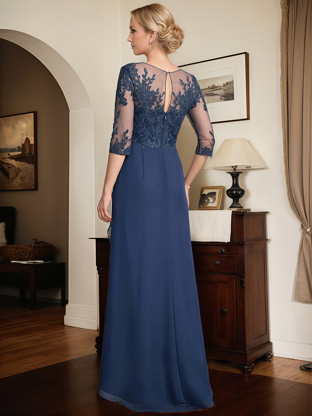 Illusion A-Line Scoop Neck 3/4 Sleeve Asymmetrical Lace/Chiffon Mother of the Bride Dress With Cascading Ruffles/Appliques/Sequins BabaMila