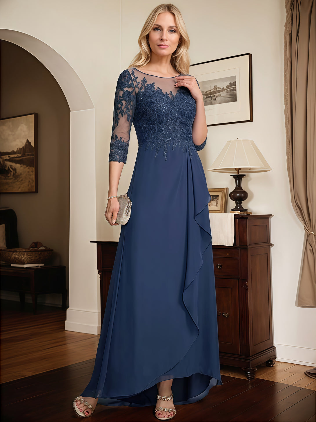 Illusion A-Line Scoop Neck 3/4 Sleeve Asymmetrical Lace/Chiffon Mother of the Bride Dress With Cascading Ruffles/Appliques/Sequins BabaMila