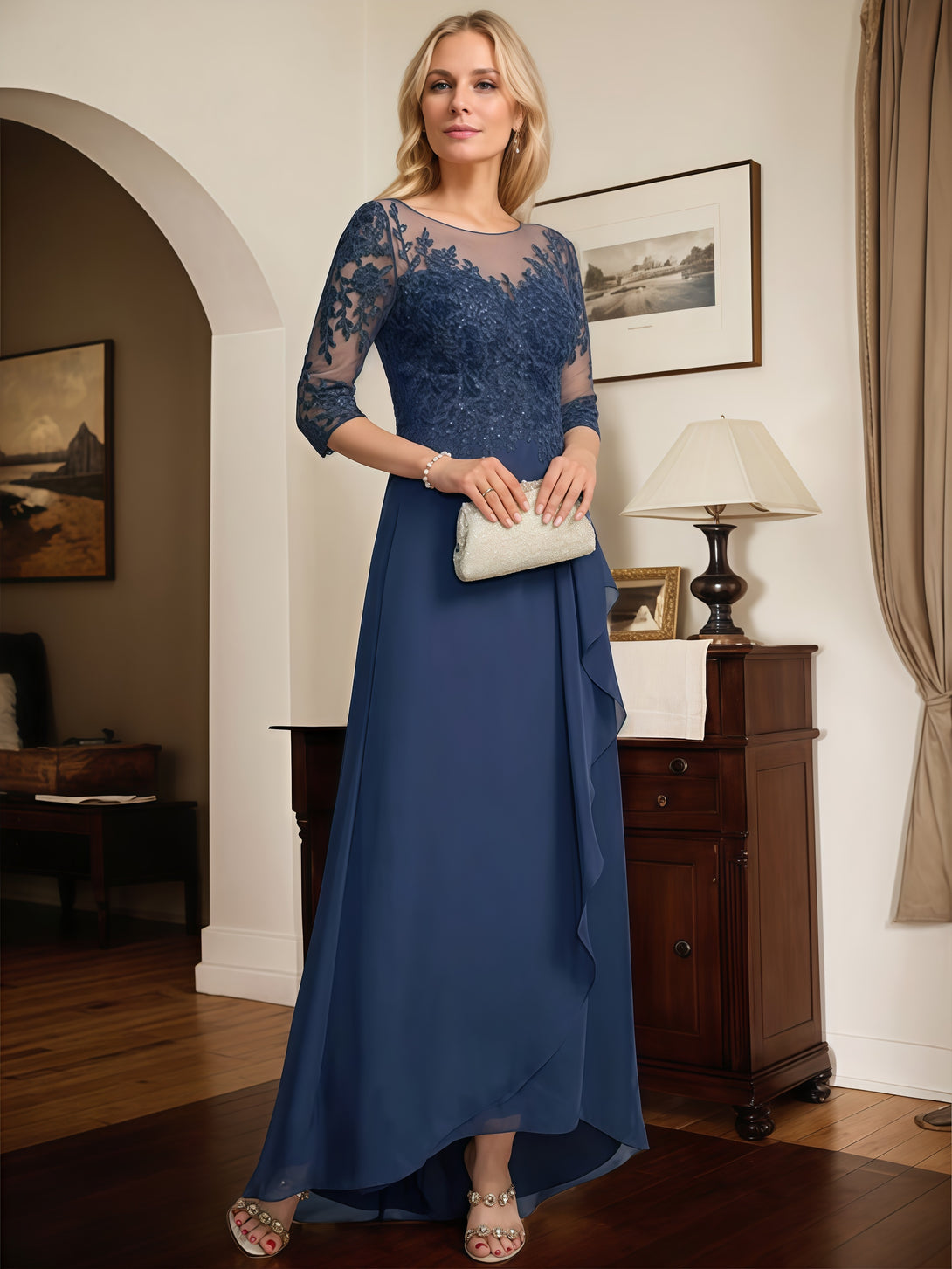 Illusion A-Line Scoop Neck 3/4 Sleeve Asymmetrical Lace/Chiffon Mother of the Bride Dress With Cascading Ruffles/Appliques/Sequins BabaMila