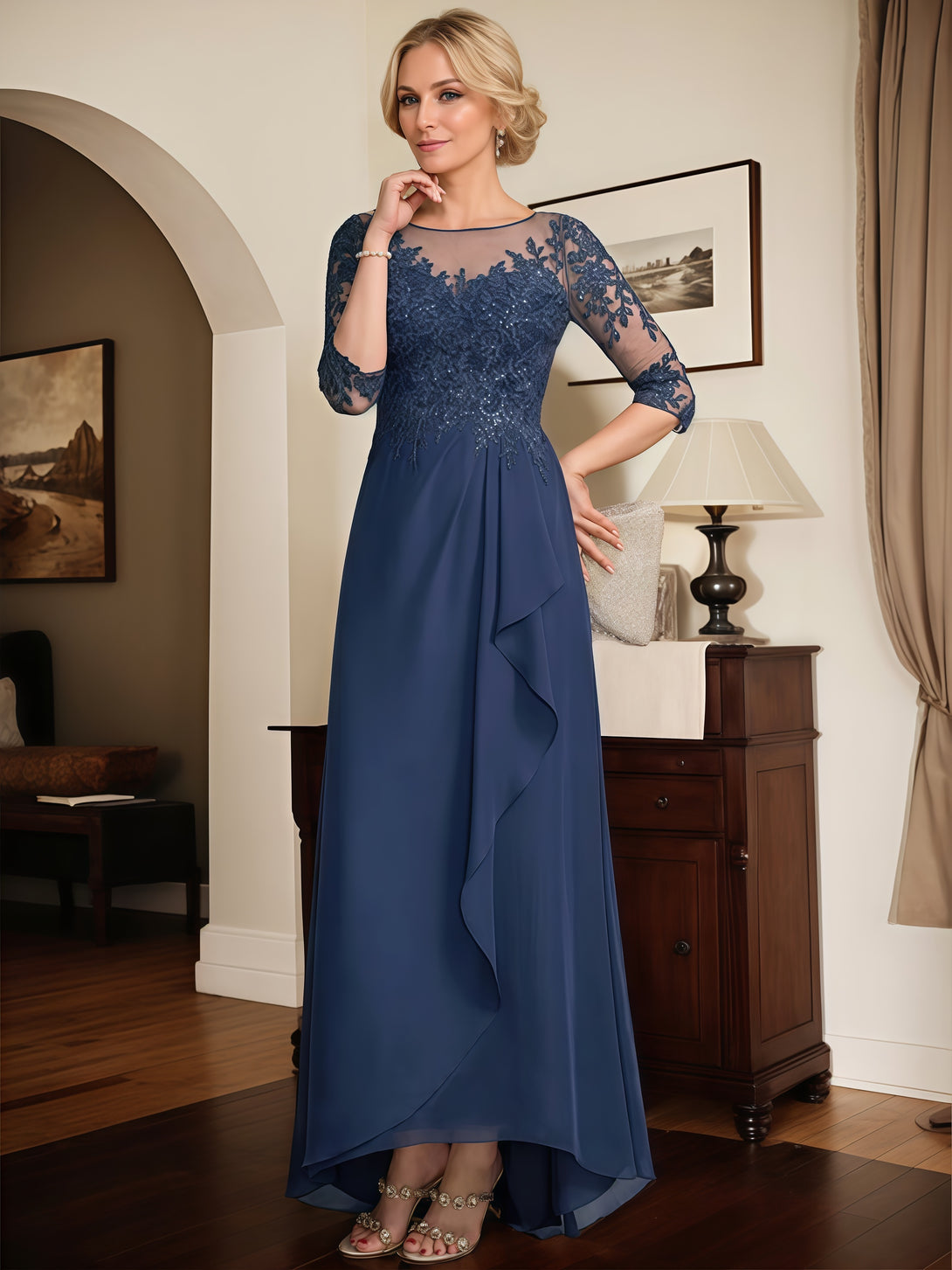 Illusion A-Line Scoop Neck 3/4 Sleeve Asymmetrical Lace/Chiffon Mother of the Bride Dress With Cascading Ruffles/Appliques/Sequins BabaMila