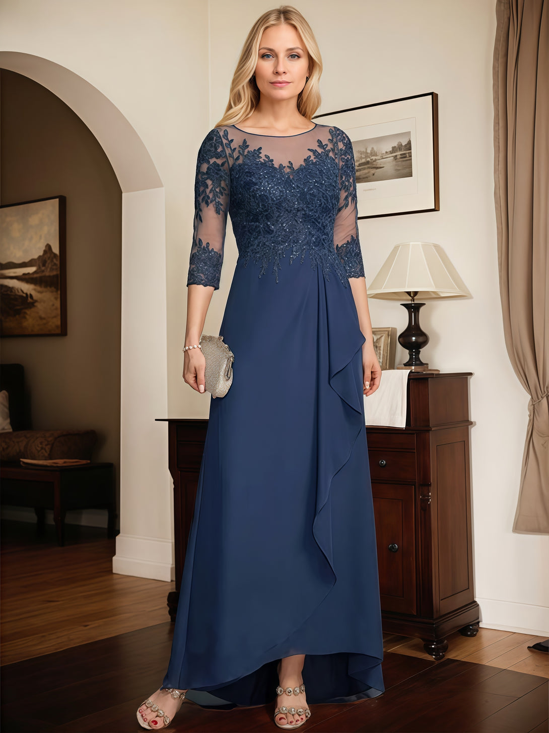 Illusion A-Line Scoop Neck 3/4 Sleeve Asymmetrical Lace/Chiffon Mother of the Bride Dress With Cascading Ruffles/Appliques/Sequins BabaMila