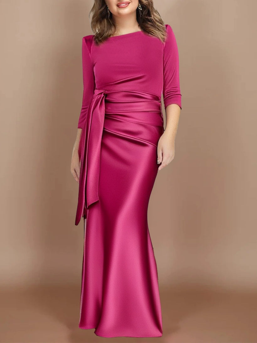 Sheath/Column Scoop 3/4 Length Sleeves Floor-Length Plus Size Mother Of The Bride Dresses With Bow BabaMila