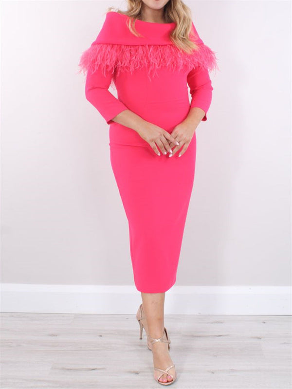 Sheath/Column Tea-Length 3/4 Length Sleeves Mother Of The Bride Dresses With Feather BabaMila
