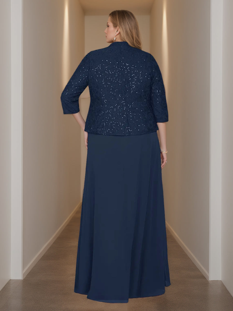 Sheath/Column 2 Pieces Square Neck 3/4 Length Sleeves Floor-Length Mother Of The Bride Dresses With Jacket, Lace & Sequins BabaMila