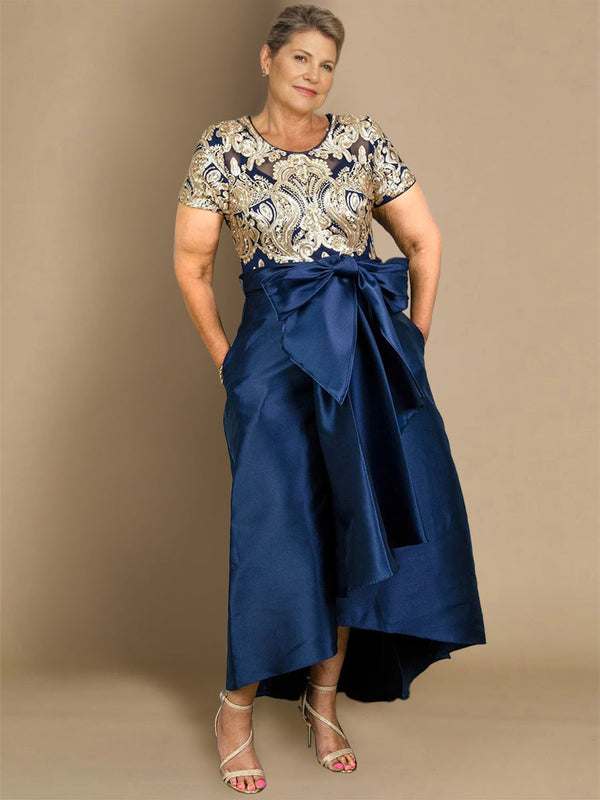 A-Line/Princess Round Neck Short Sleeve Asymmetrical Plus Size Mother Of The Bride Dress BabaMila