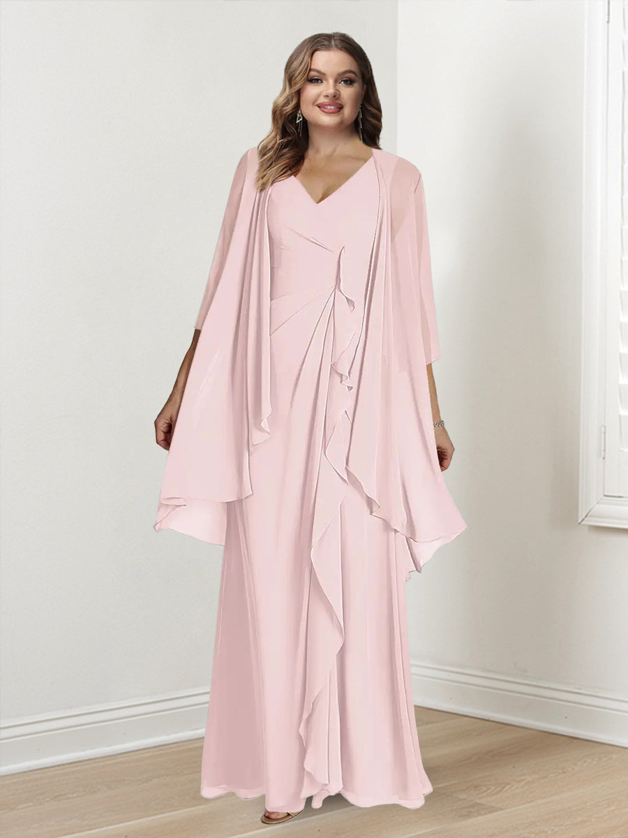 Sheath/Column V-Neck Sleeveless Floor-Length Plus Size Mother Of The Bride Dresses With Wraps BabaMila