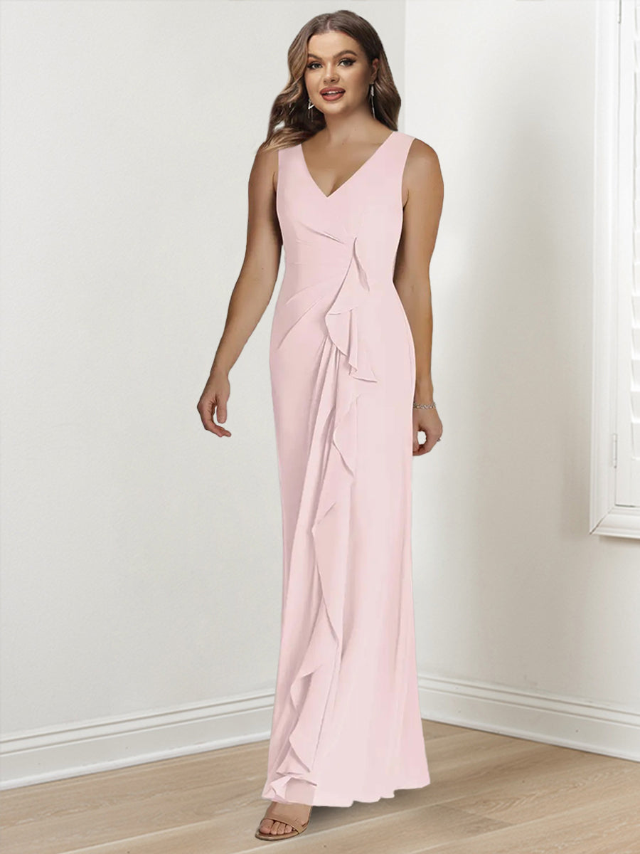 Sheath/Column V-Neck Sleeveless Floor-Length Plus Size Mother Of The Bride Dresses With Wraps BabaMila