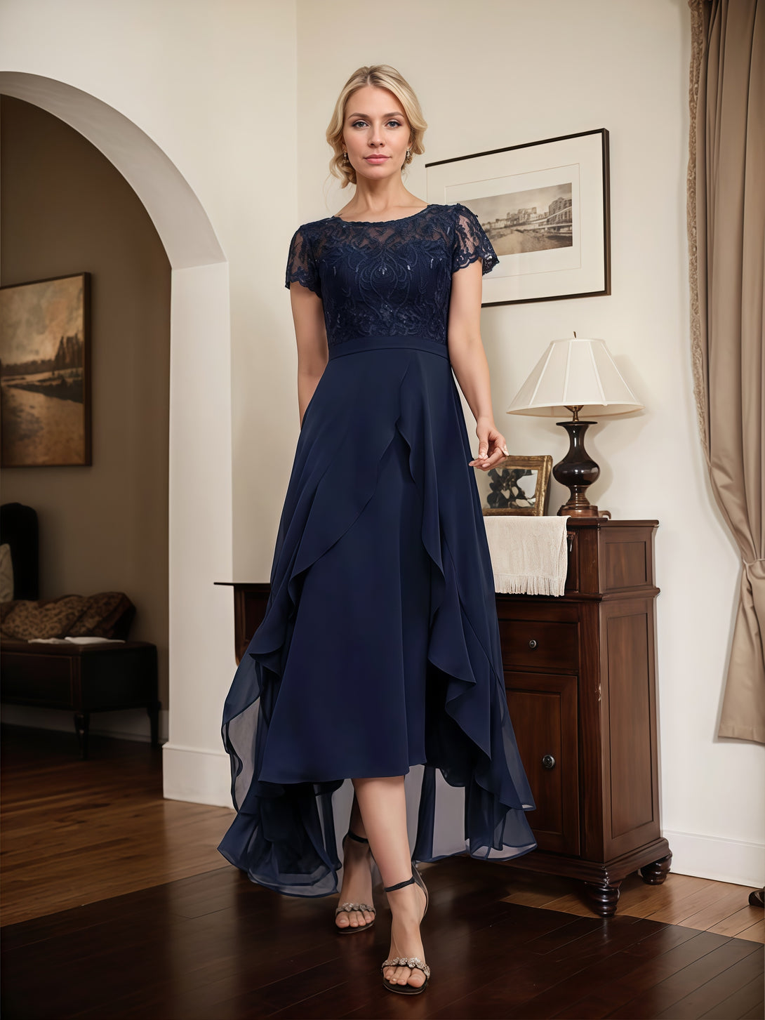 Illusion Scoop Neck Short Sleeve Asymmetrical Lace/Chiffon Mother of the Bride Dress With Cascading Ruffles/Appliques/Sequins/Belt BabaMila
