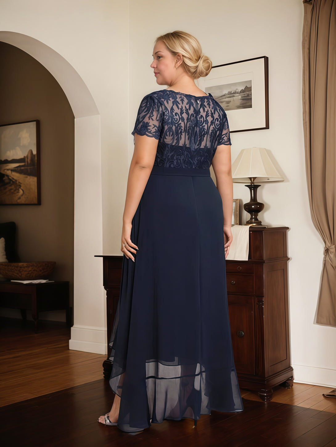 Illusion Scoop Neck Short Sleeve Asymmetrical Lace/Chiffon Mother of the Bride Dress With Cascading Ruffles/Appliques/Sequins/Belt BabaMila