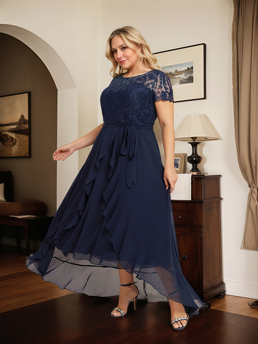 Illusion Scoop Neck Short Sleeve Asymmetrical Lace/Chiffon Mother of the Bride Dress With Cascading Ruffles/Appliques/Sequins/Belt BabaMila
