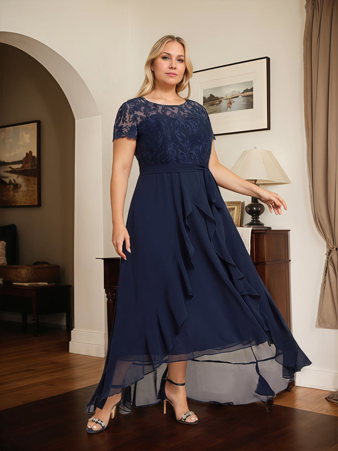 Illusion Scoop Neck Short Sleeve Asymmetrical Lace/Chiffon Mother of the Bride Dress With Cascading Ruffles/Appliques/Sequins/Belt BabaMila