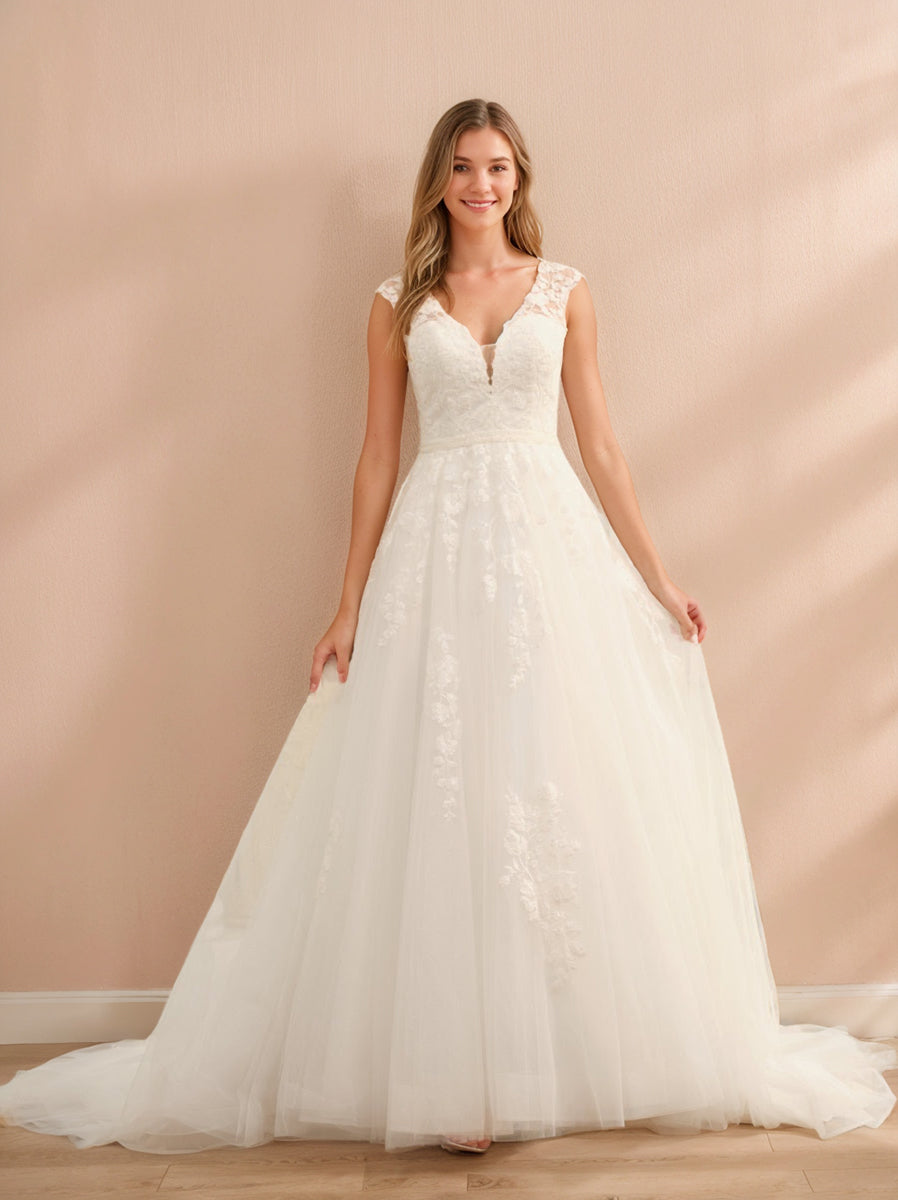 Ball Gown V-Neck Sleeveless Tulle Wedding Dresses with Applique & Beading BabaMila