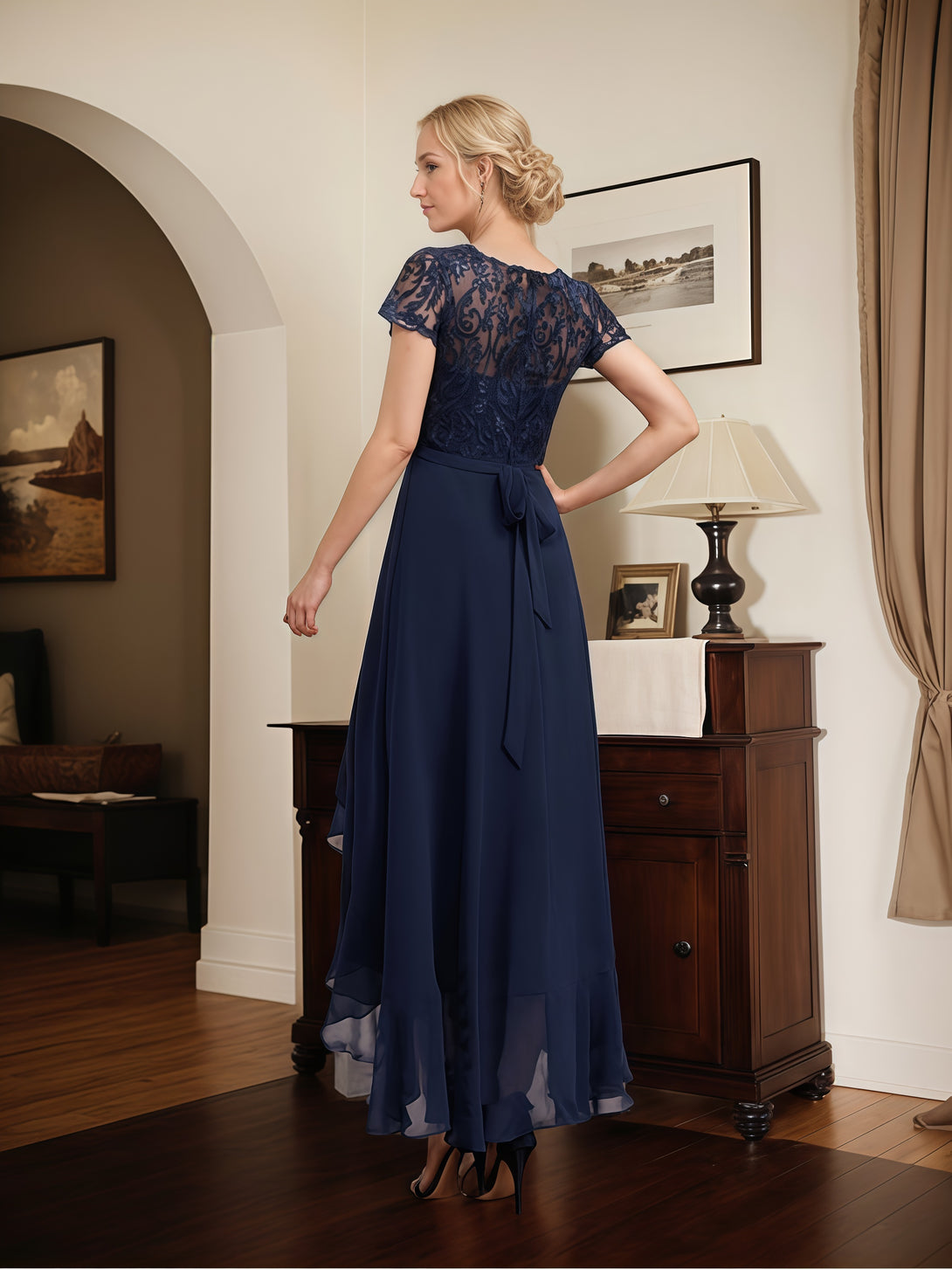 Illusion Scoop Neck Short Sleeve Asymmetrical Lace/Chiffon Mother of the Bride Dress With Cascading Ruffles/Appliques/Sequins/Belt BabaMila