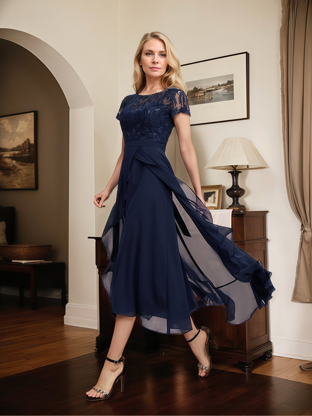 Illusion Scoop Neck Short Sleeve Asymmetrical Lace/Chiffon Mother of the Bride Dress With Cascading Ruffles/Appliques/Sequins/Belt BabaMila