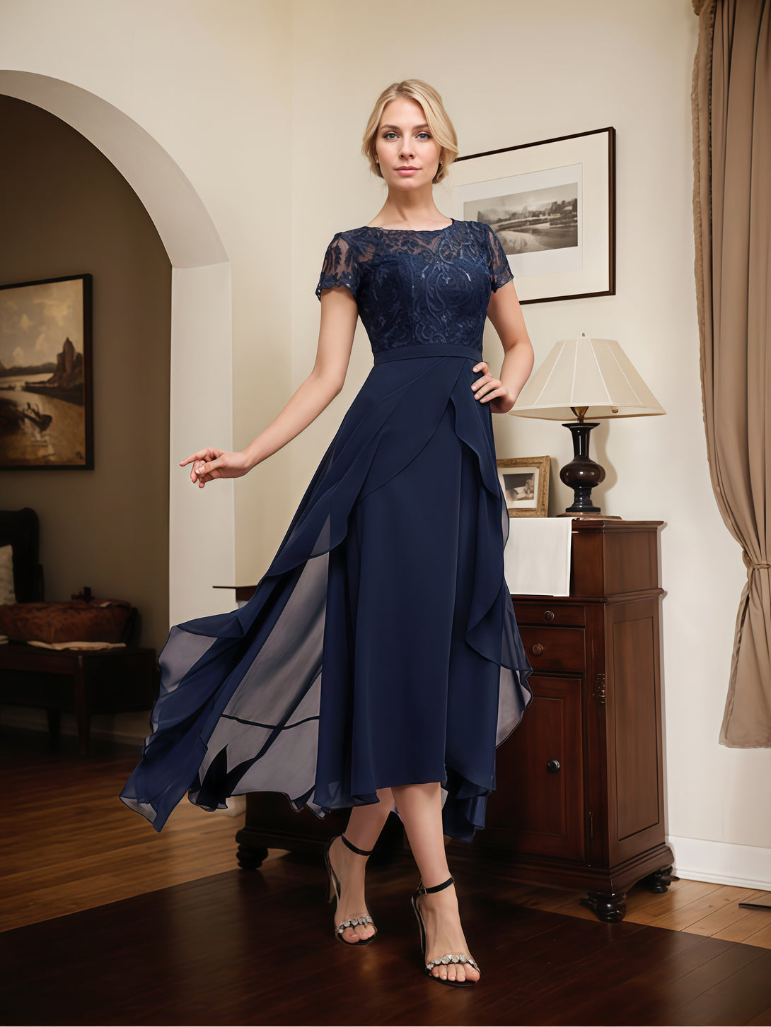 Illusion Scoop Neck Short Sleeve Asymmetrical Lace/Chiffon Mother of the Bride Dress With Cascading Ruffles/Appliques/Sequins/Belt BabaMila