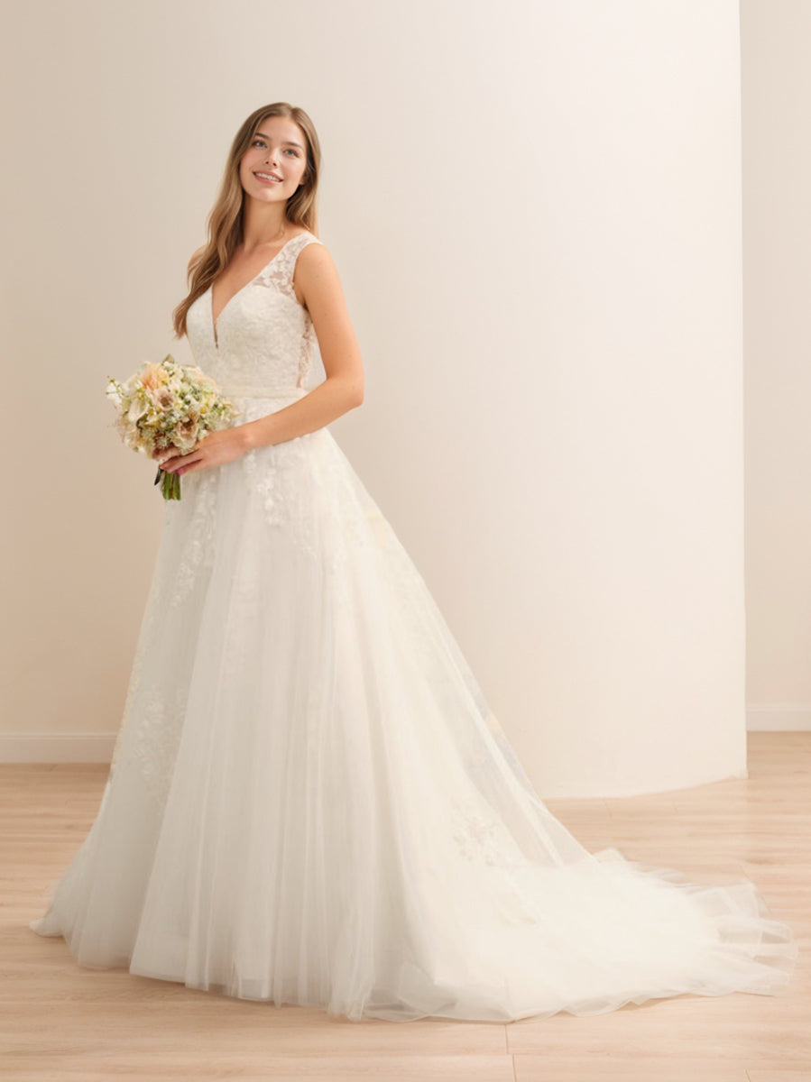 Ball Gown V-Neck Sleeveless Tulle Wedding Dresses with Applique & Beading BabaMila