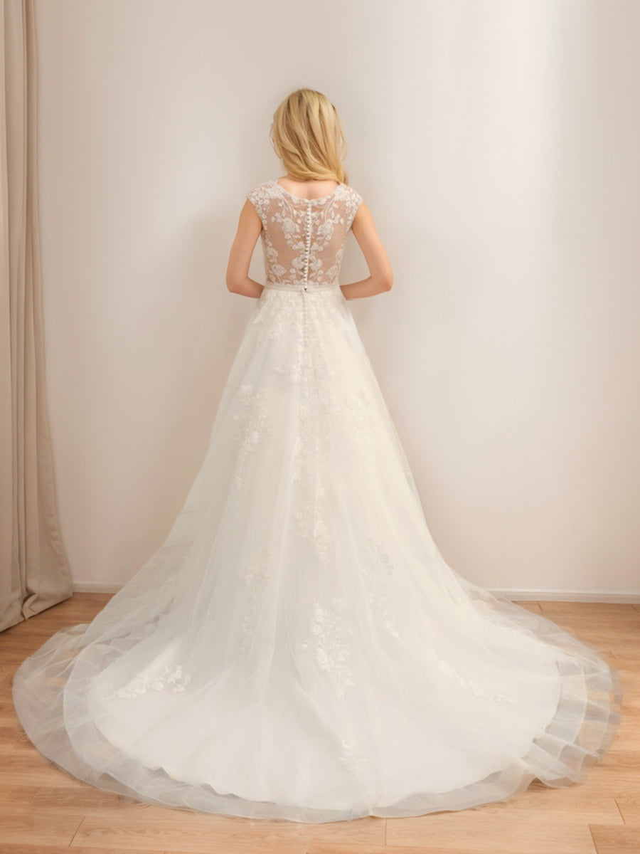 Ball Gown V-Neck Sleeveless Tulle Wedding Dresses with Applique & Beading BabaMila