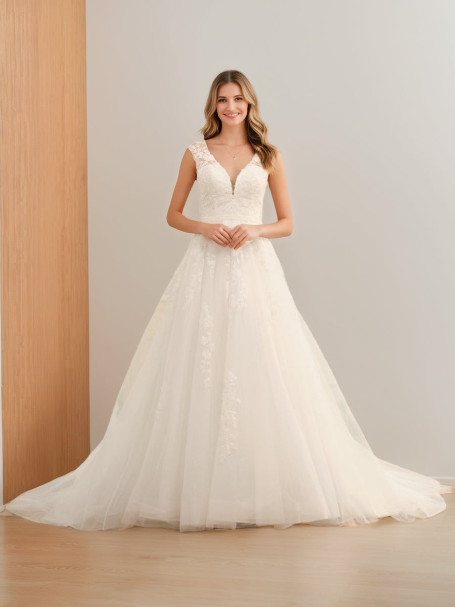 Ball Gown V-Neck Sleeveless Tulle Wedding Dresses with Applique & Beading BabaMila