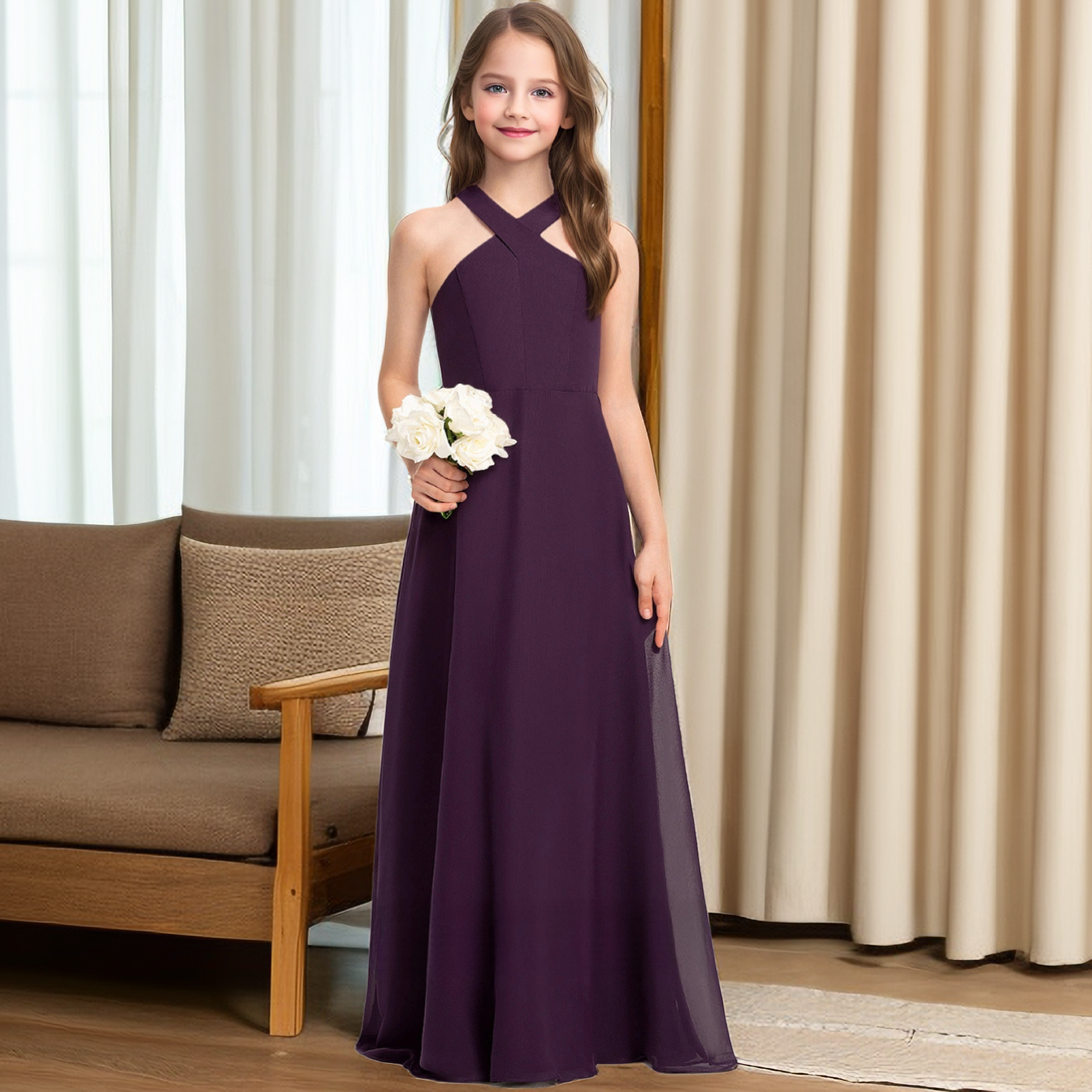 Crisscross Halter Royal Blue Chiffon Junior Bridesmaid Dress Gidiondress