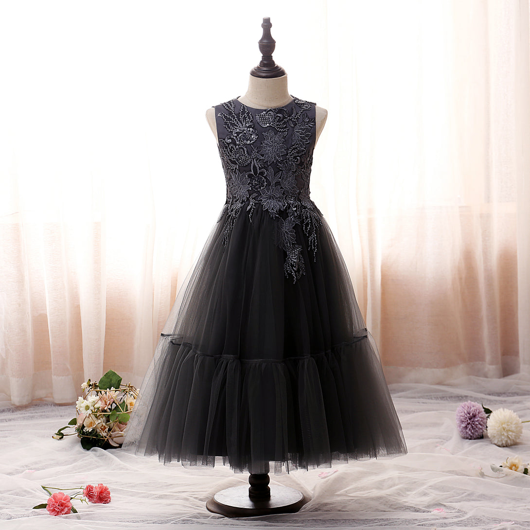 Boat Neck Sleeveless Tea-Length Satin/Lace/Tulle Girls Birthday Dresses With Appliques/Sequins Gidiondress
