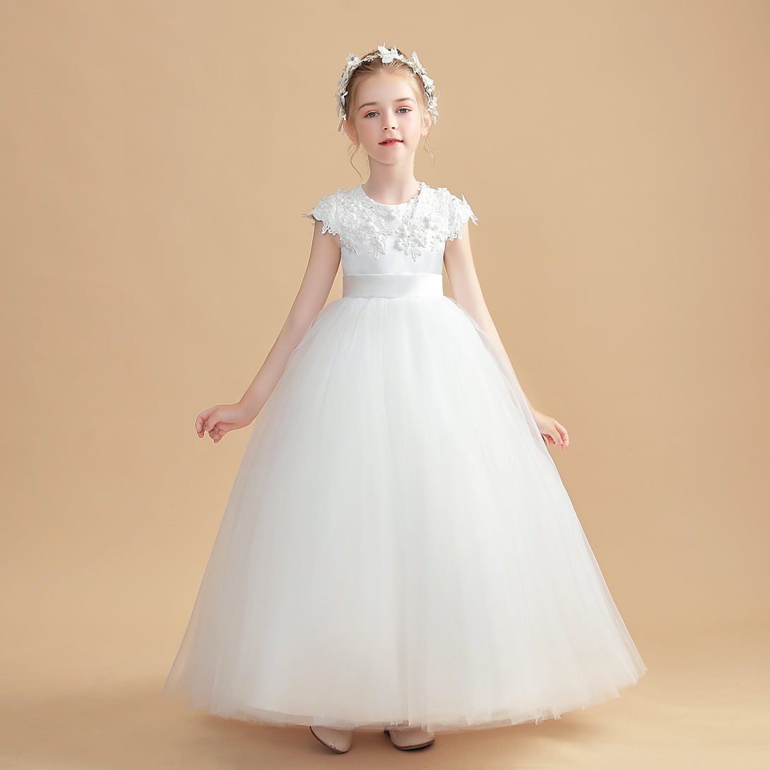 Ball Gown/Princess Cap Sleeve Scoop Neck Floor-Length Tulle/Satin/Lace Flower Girl Dresses/First Communion Dress With 3D Flower/Appliques Gidiondress