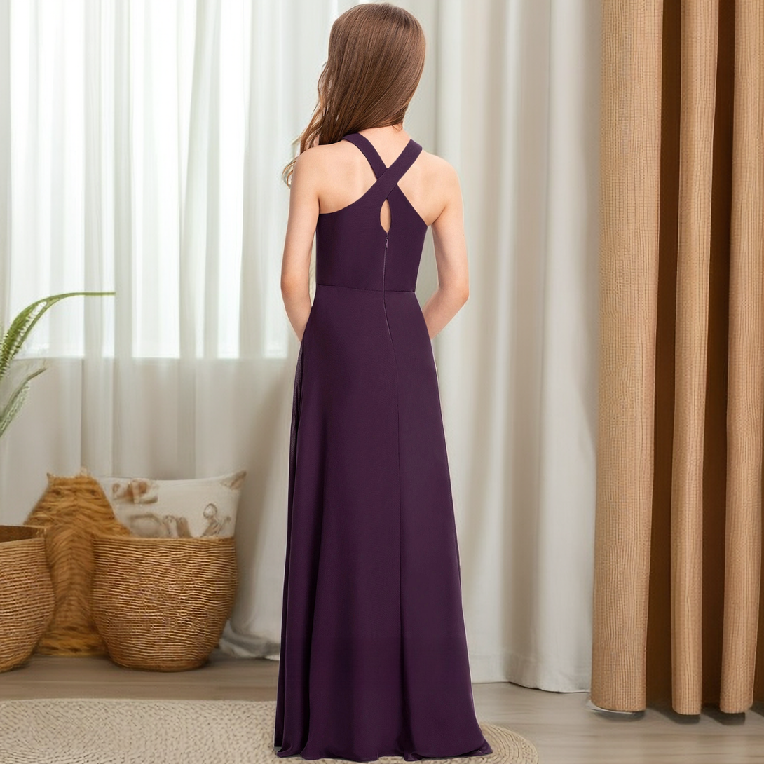 Crisscross Halter Royal Blue Chiffon Junior Bridesmaid Dress Gidiondress