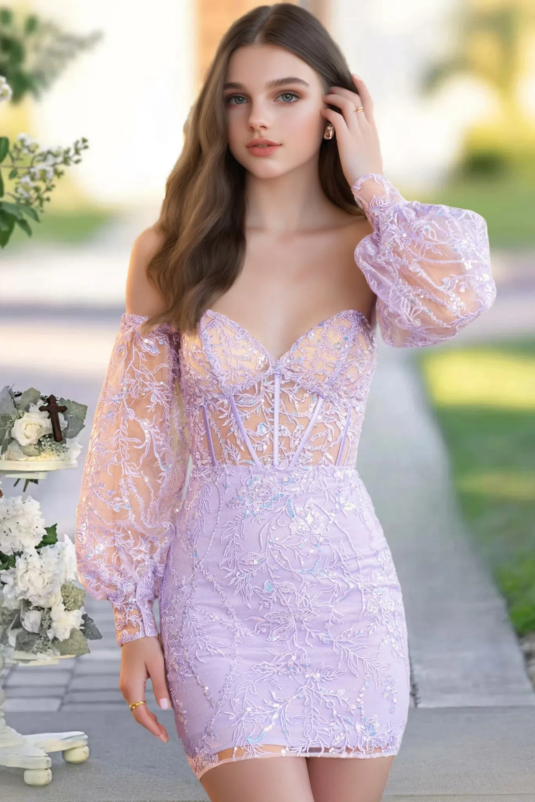 Long Sleeves Sheath/Column Lace Lilac Short/Mini Homecoming Dress With Removable puff sleeves BabaMila