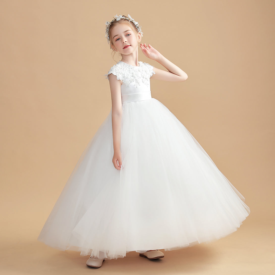 Ball Gown/Princess Cap Sleeve Scoop Neck Floor-Length Tulle/Satin/Lace Flower Girl Dresses/First Communion Dress With 3D Flower/Appliques Gidiondress