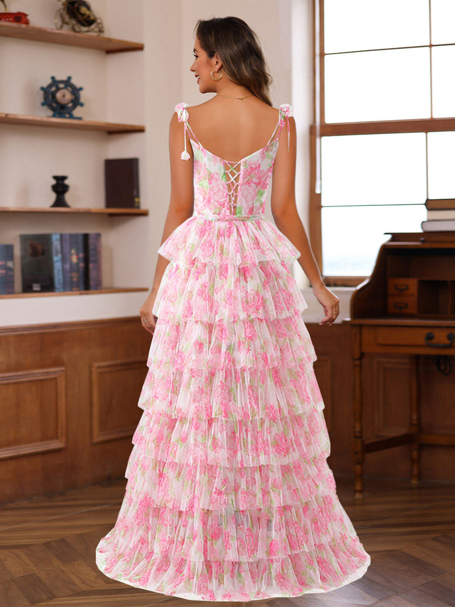 Ball Gown Spaghetti Straps Sleeveless Printed Floral Prom Dresses with Ruffles/Lace-Up BabaMila