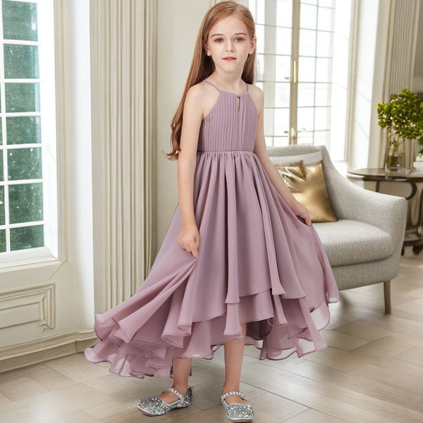 Asymmetrical Halter Sleeveless Chiffon Junior Bridesmaid Dress/Girls Birthday Dresses With Pleated Gidiondress