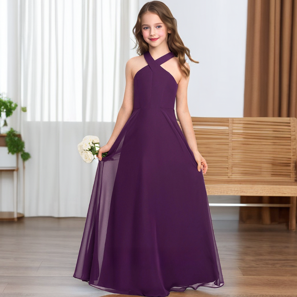 Crisscross Halter Royal Blue Chiffon Junior Bridesmaid Dress Gidiondress