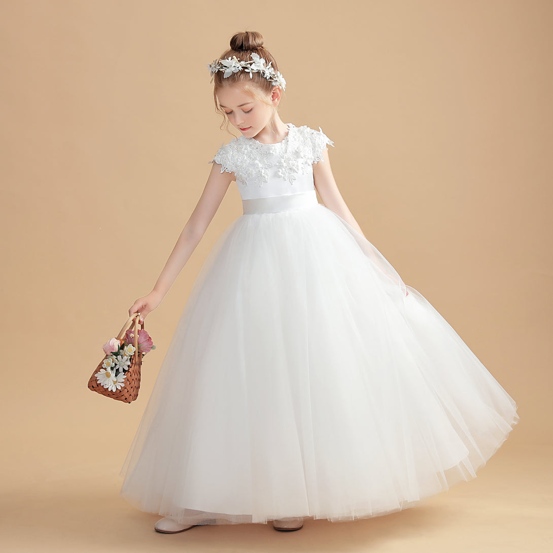 Ball Gown/Princess Cap Sleeve Scoop Neck Floor-Length Tulle/Satin/Lace Flower Girl Dresses/First Communion Dress With 3D Flower/Appliques Gidiondress