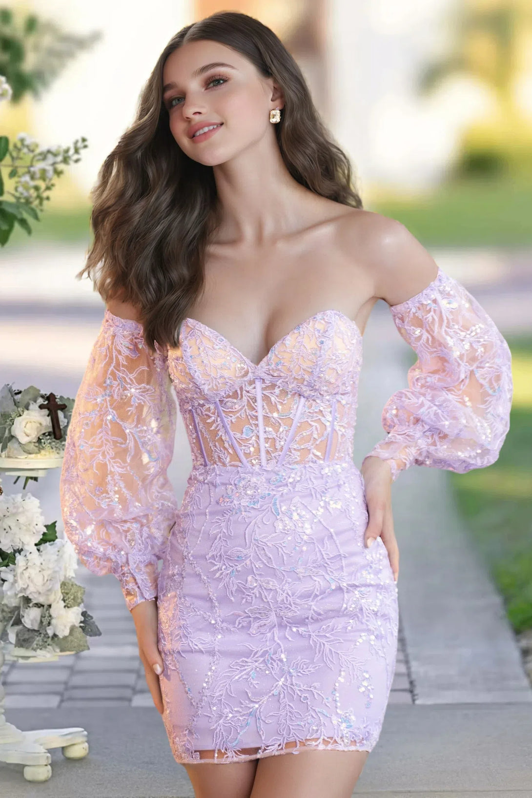 Long Sleeves Sheath/Column Lace Lilac Short/Mini Homecoming Dress With Removable puff sleeves BabaMila