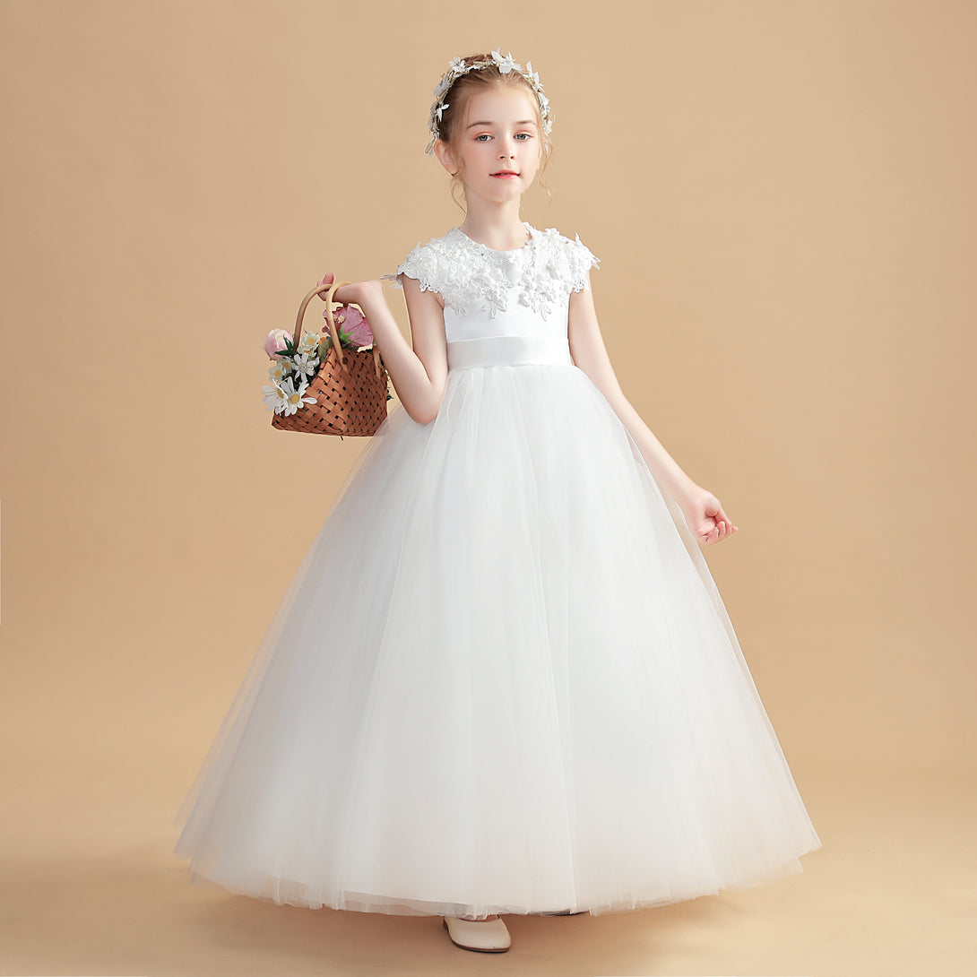 Ball Gown/Princess Cap Sleeve Scoop Neck Floor-Length Tulle/Satin/Lace Flower Girl Dresses/First Communion Dress With 3D Flower/Appliques Gidiondress