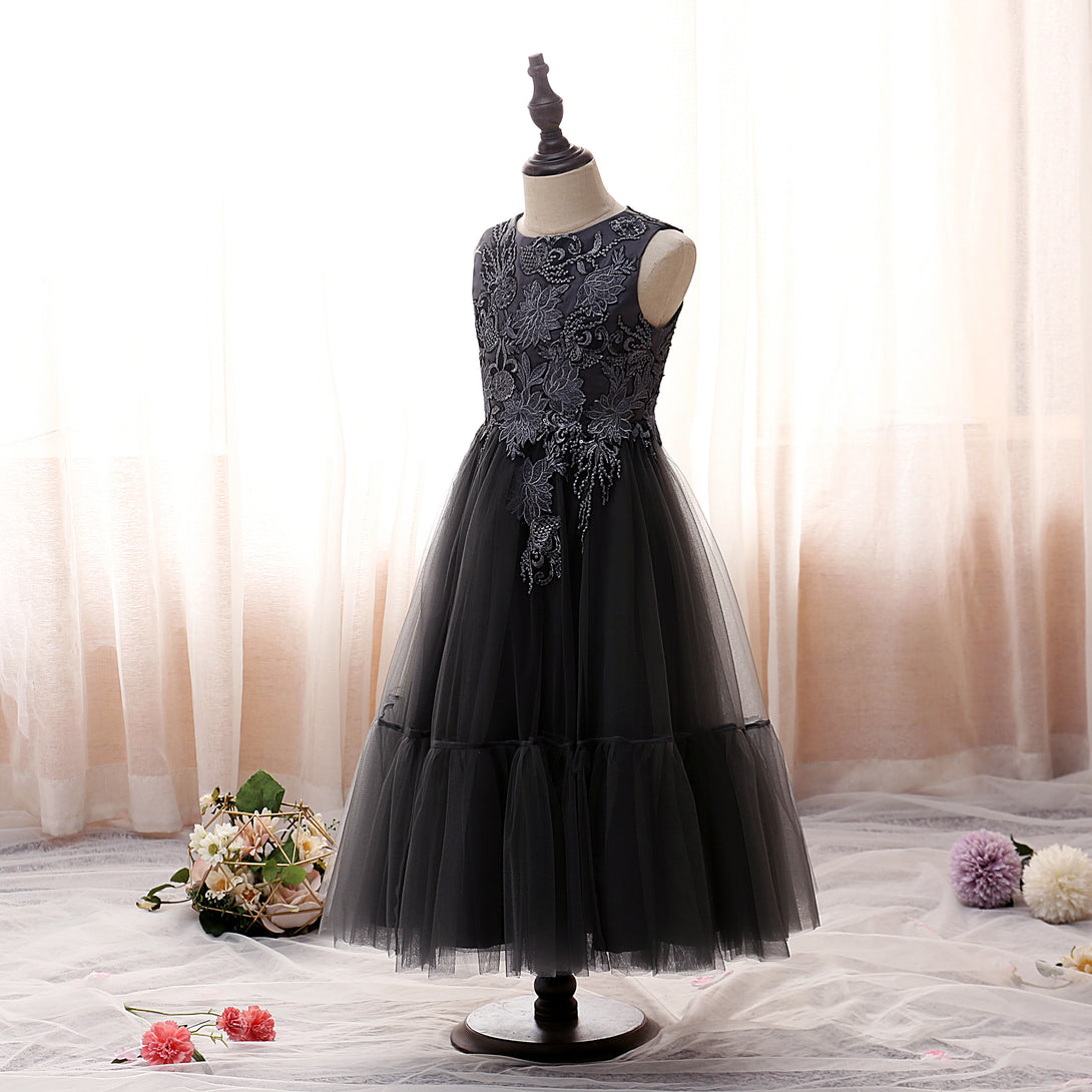 Boat Neck Sleeveless Tea-Length Satin/Lace/Tulle Girls Birthday Dresses With Appliques/Sequins Gidiondress