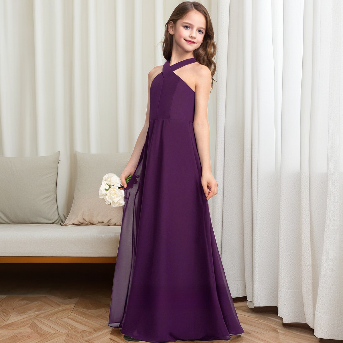 Crisscross Halter Royal Blue Chiffon Junior Bridesmaid Dress Gidiondress