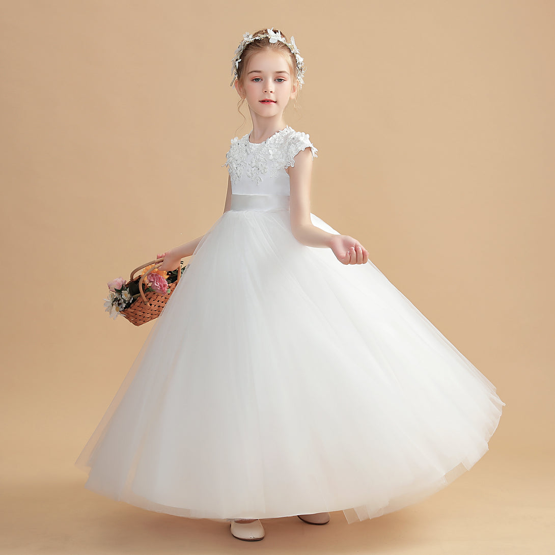Ball Gown/Princess Cap Sleeve Scoop Neck Floor-Length Tulle/Satin/Lace Flower Girl Dresses/First Communion Dress With 3D Flower/Appliques Gidiondress Ivory 12M