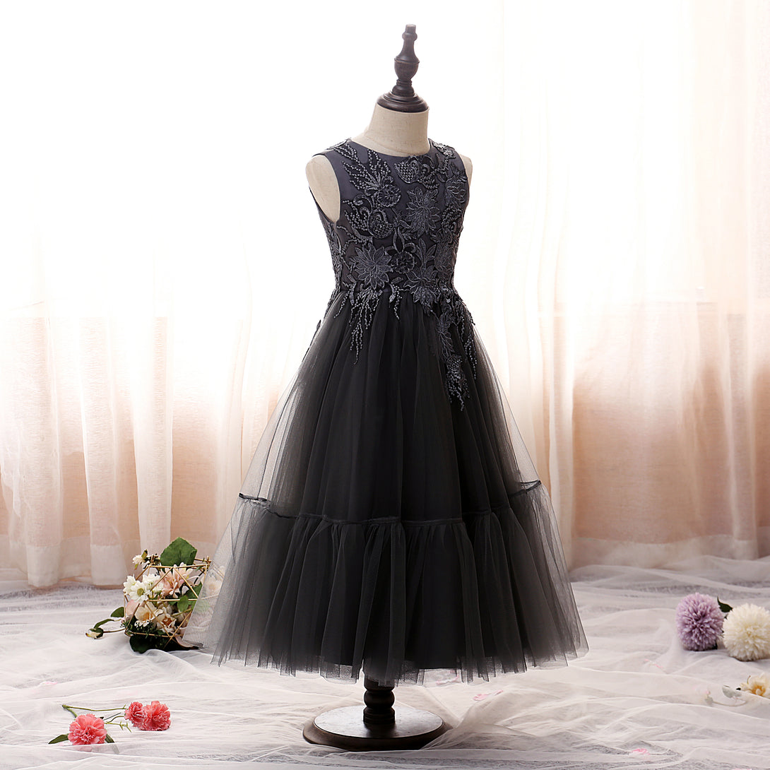 Boat Neck Sleeveless Tea-Length Satin/Lace/Tulle Girls Birthday Dresses With Appliques/Sequins Gidiondress