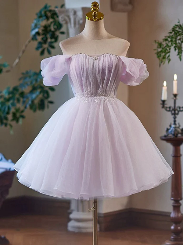 A-Line Tulle Purple Short Prom Dress, Purple Homecoming Dress Homecoming Dress BabaMila
