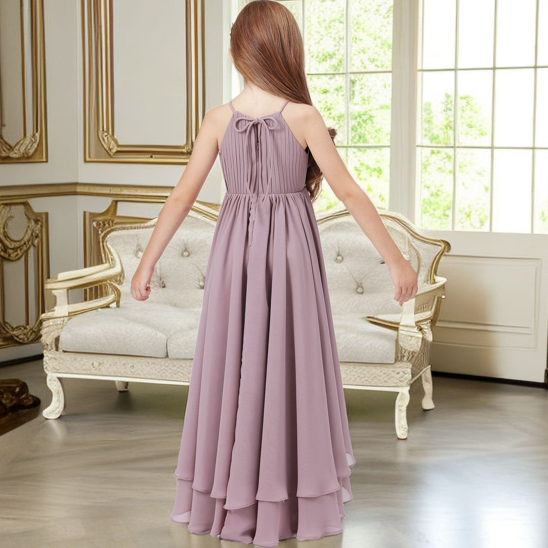 Asymmetrical Halter Sleeveless Chiffon Junior Bridesmaid Dress/Girls Birthday Dresses With Pleated Gidiondress