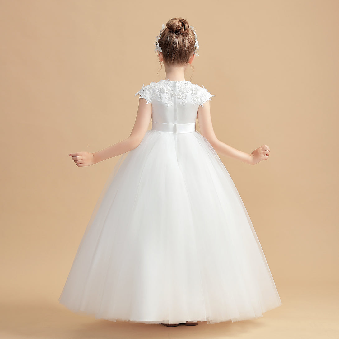 Ball Gown/Princess Cap Sleeve Scoop Neck Floor-Length Tulle/Satin/Lace Flower Girl Dresses/First Communion Dress With 3D Flower/Appliques Gidiondress
