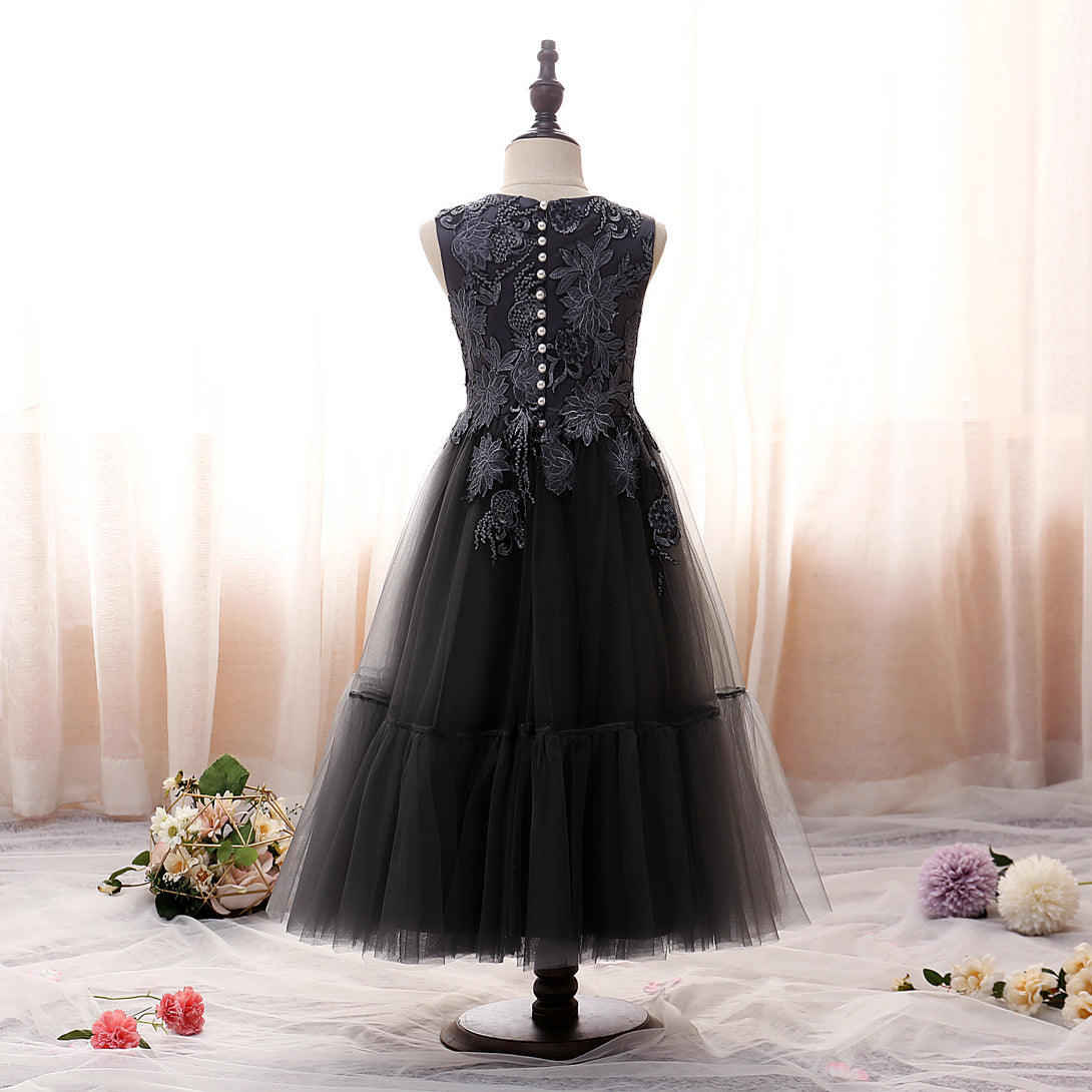 Boat Neck Sleeveless Tea-Length Satin/Lace/Tulle Girls Birthday Dresses With Appliques/Sequins Gidiondress