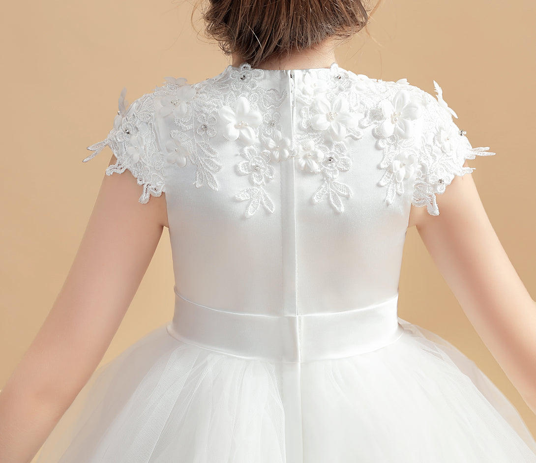 Ball Gown/Princess Cap Sleeve Scoop Neck Floor-Length Tulle/Satin/Lace Flower Girl Dresses/First Communion Dress With 3D Flower/Appliques Gidiondress