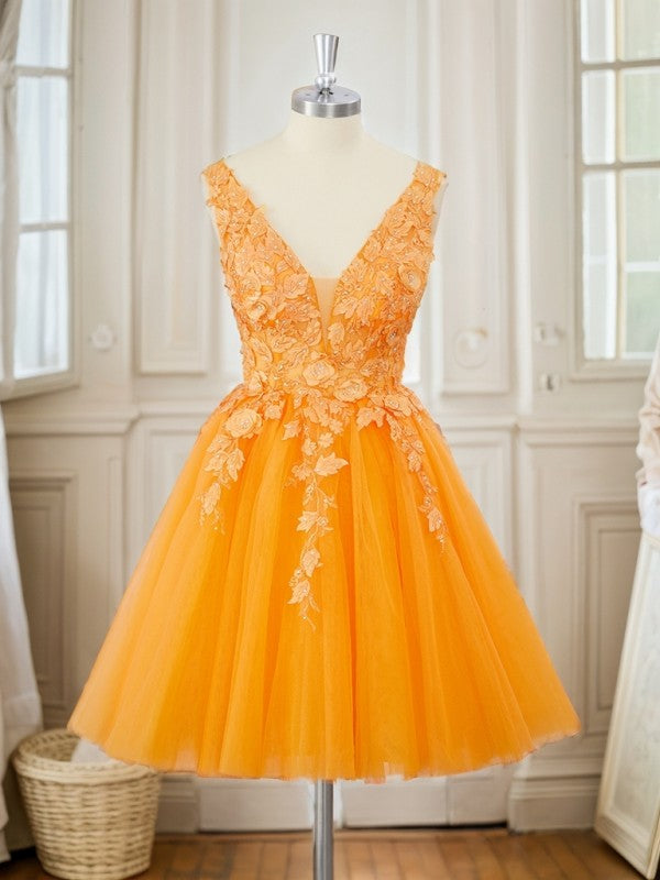 Ball-Gown Tulle V-neck Appliques Lace Short/Mini Dress Homecoming Dress BabaMila