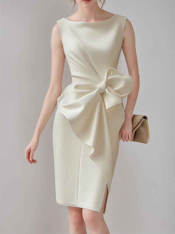 Sheath/Column Crew Neck Sleeveless Knee Length Wedding Dress with Bow & Ruffles BabaMila