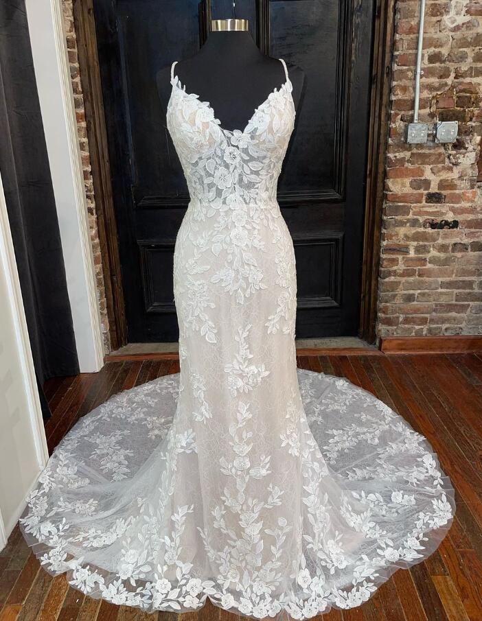 Mermaid V Neck Ivory Lace Wedding Dresses BabaMila