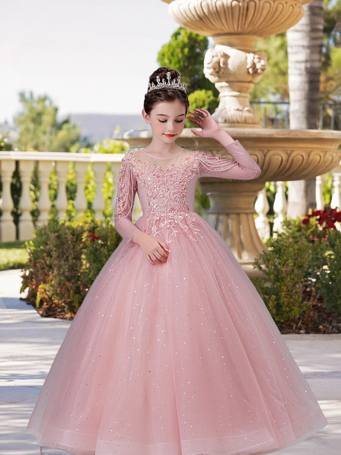 Exquisite Scoop Neck Long Sleeve Flower Girl Dress Floor-Length Lace/Printed Tulle Ball Gown/Princess With Beads/Appliques Gidiondress