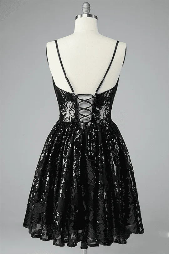 A-line V Neck Lace-up Back Sequins-embroidered Mini Dress BabaMila