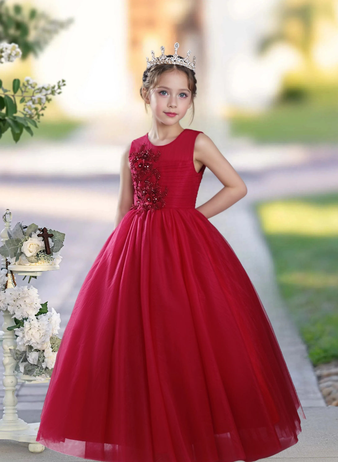 Girls Birthday Dresses Scoop Neck Sleeveless Floor-Length Tulle Ball Gown With Pleated/3D Flower Girls Gidiondress as picture 12M