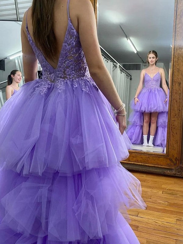 A-line/Princess Tulle Straps Sleeveless Asymmetrical Homecoming Dress BabaMila